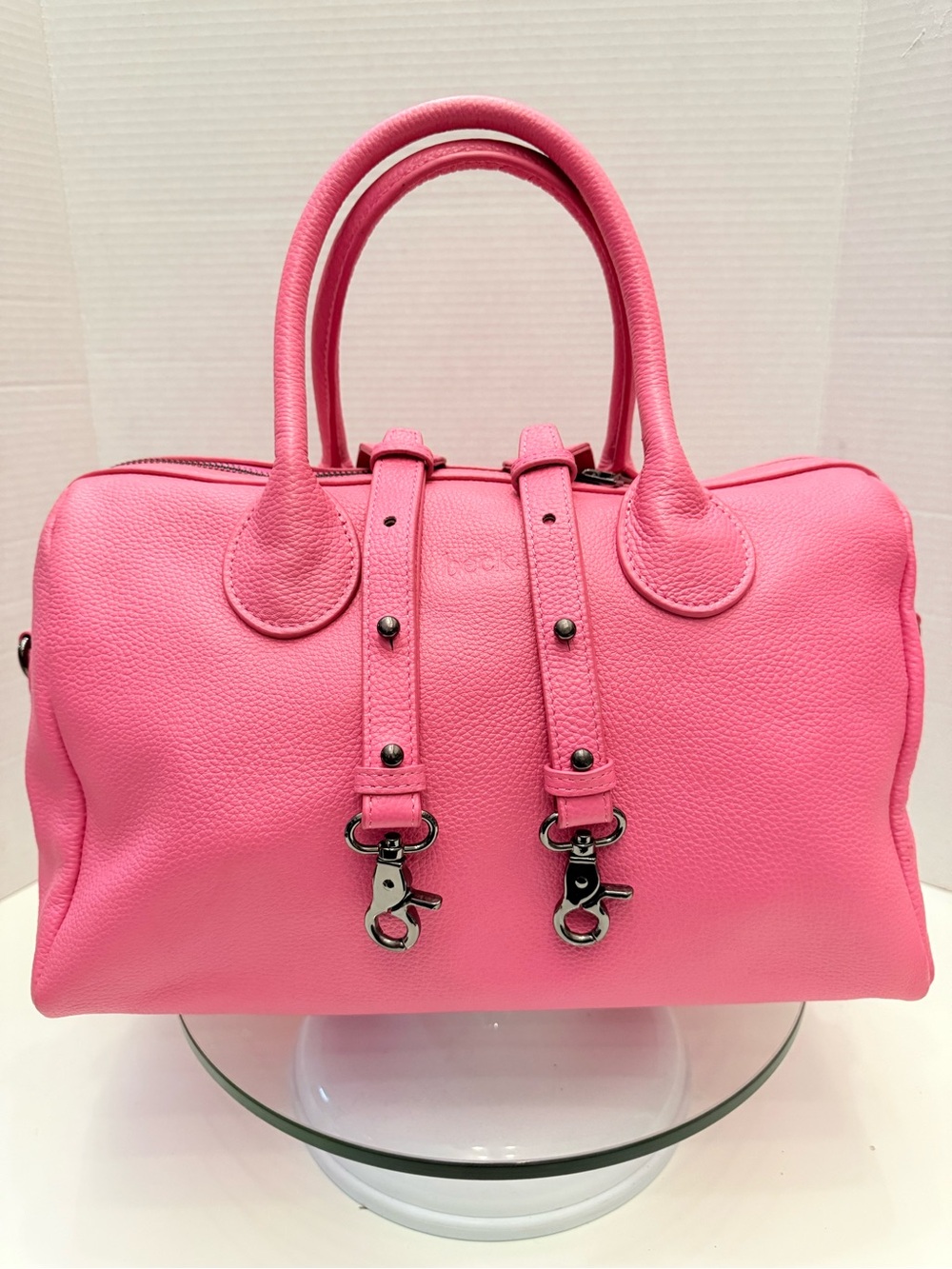 Pebbled Hot Pink Leather Satchel with Strap Detail